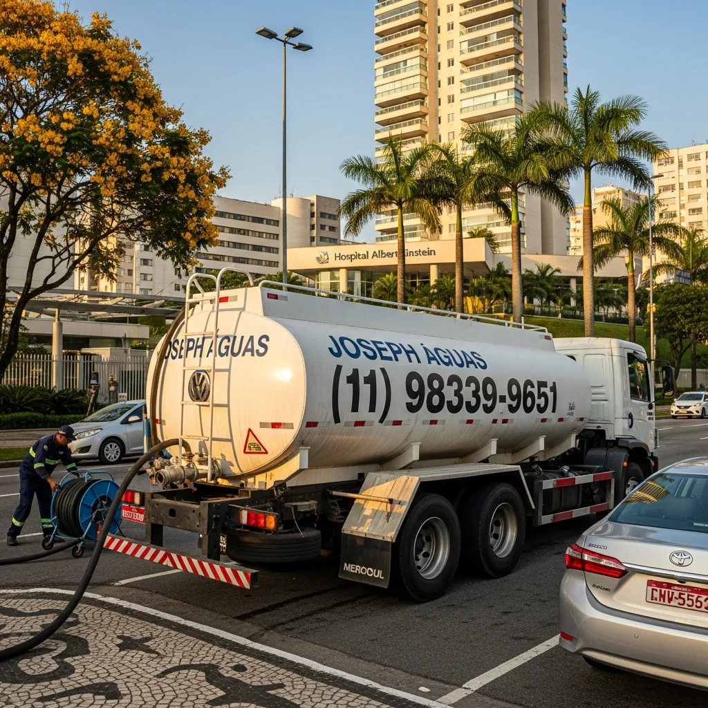 Caminhão pipa Joseph Águas entregando água potável no Morumbi São Paulo